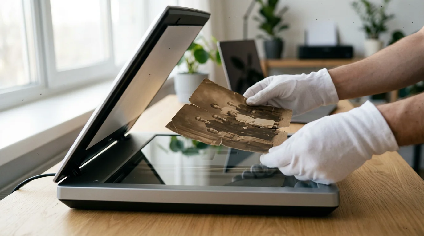 Hands in white gloves placing a vintage photograph onto a modern digital scanner.