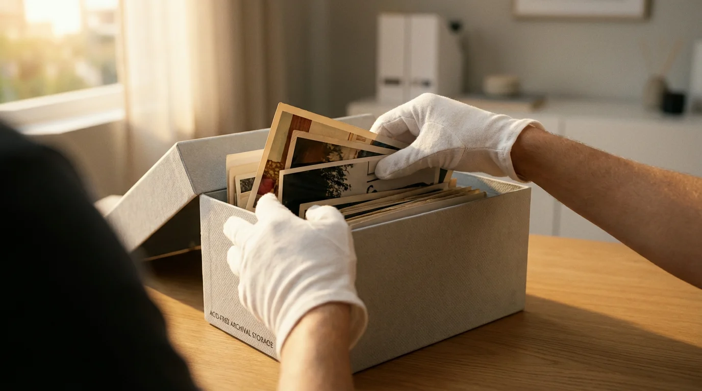 Hands in white gloves placing vintage photographs into an archival storage box for preservation.