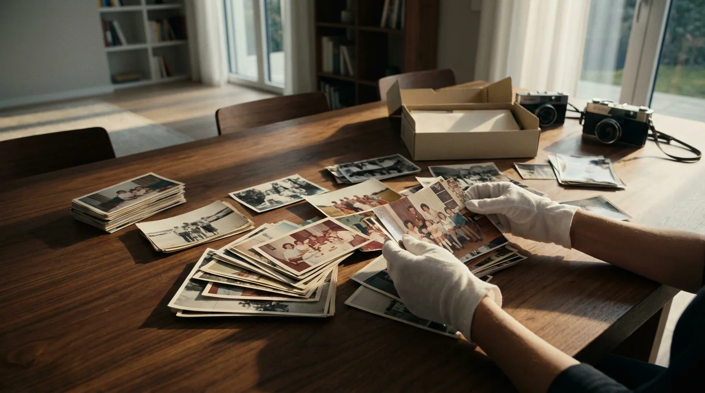Hands in white gloves sorting vintage photographs on a large wooden table in afternoon light.
