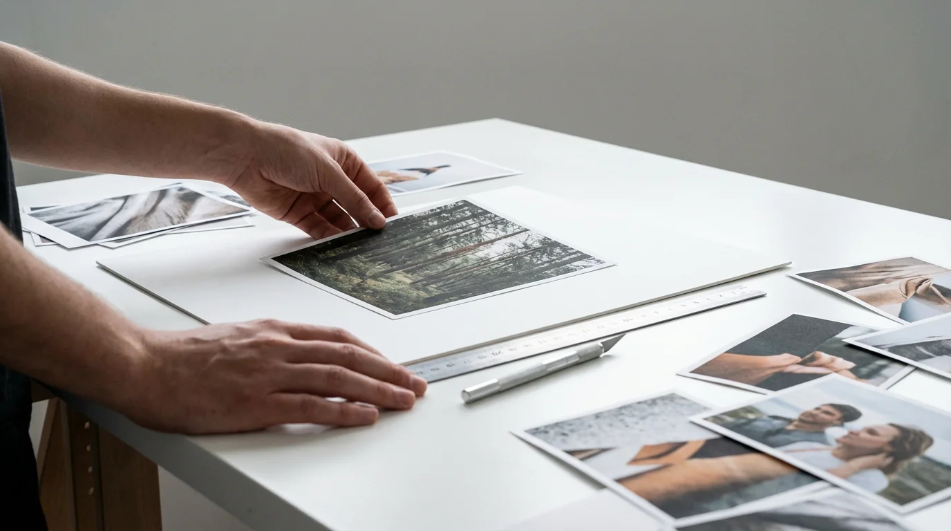 Hands meticulously assembling a physical photo collage on a white workbench with craft tools nearby.