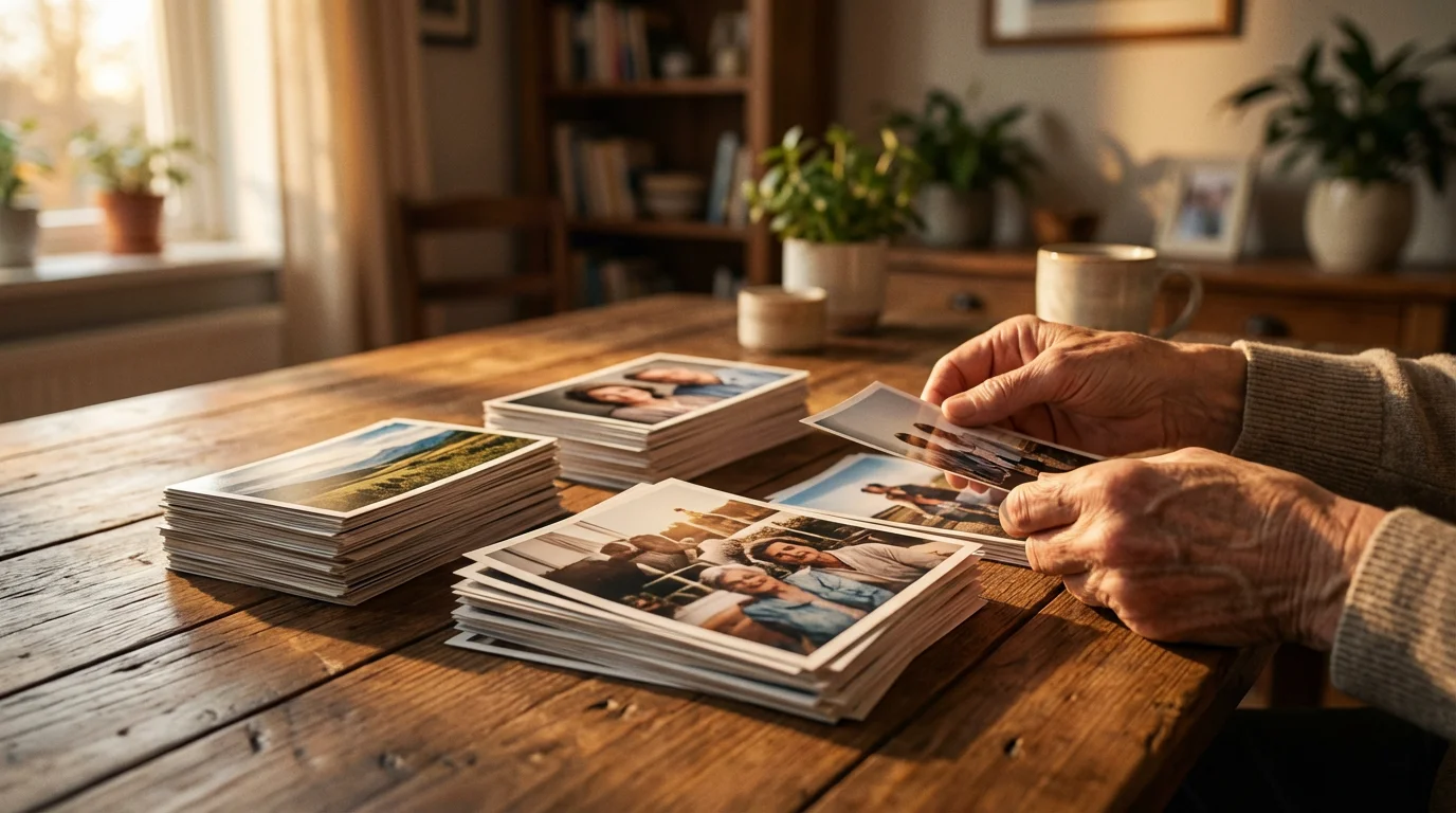 Hands organizing physical photographs into neat piles on a wooden table during golden hour.