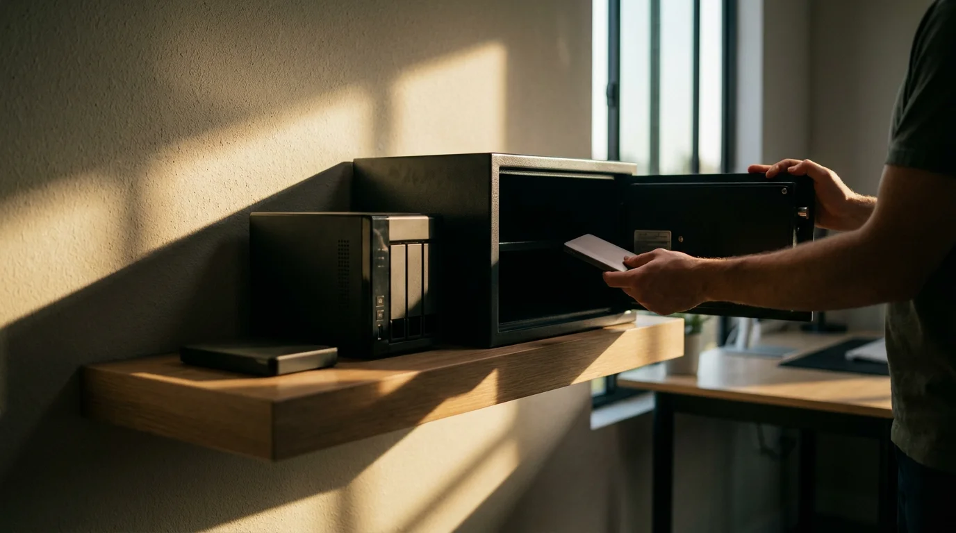 Hands placing an external hard drive into a fireproof safe for digital photo backup.