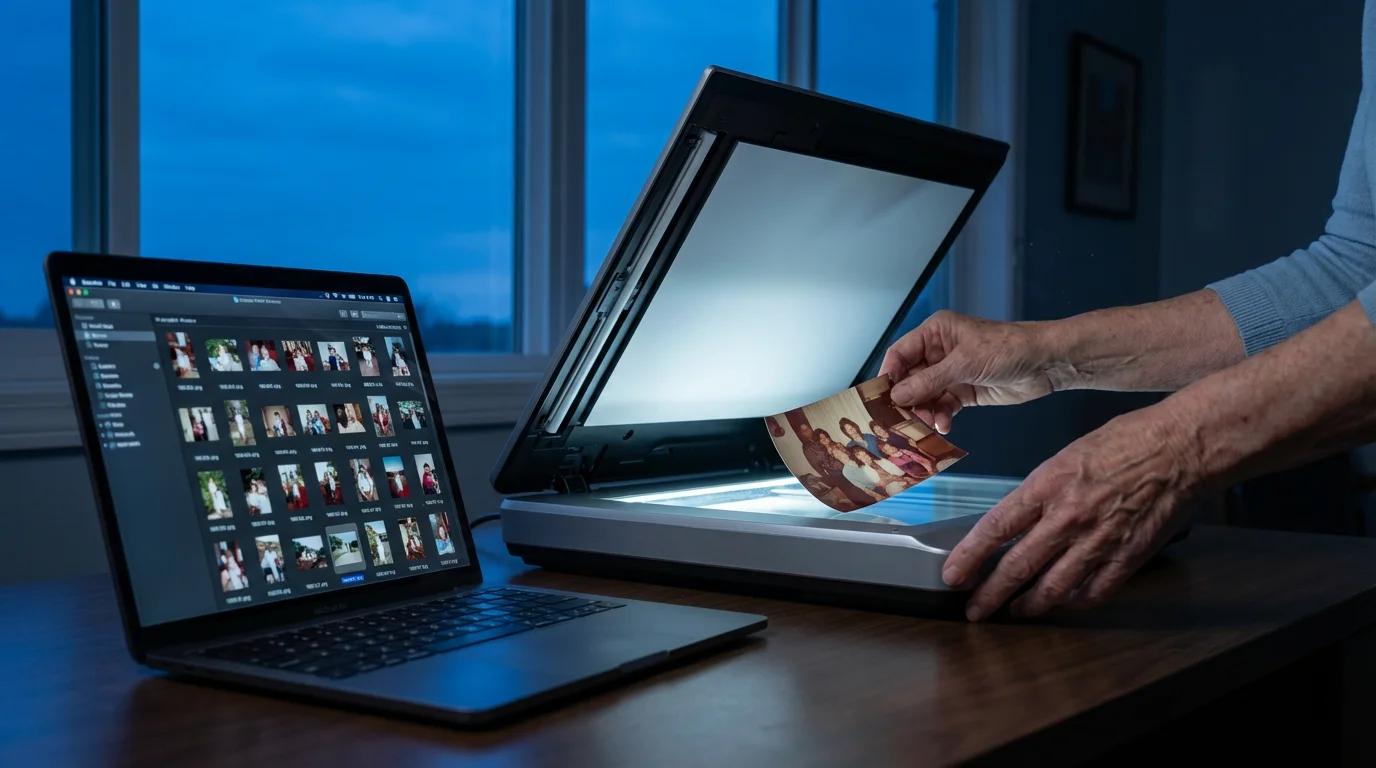 Hands placing an old photograph onto a flatbed scanner next to a glowing laptop.