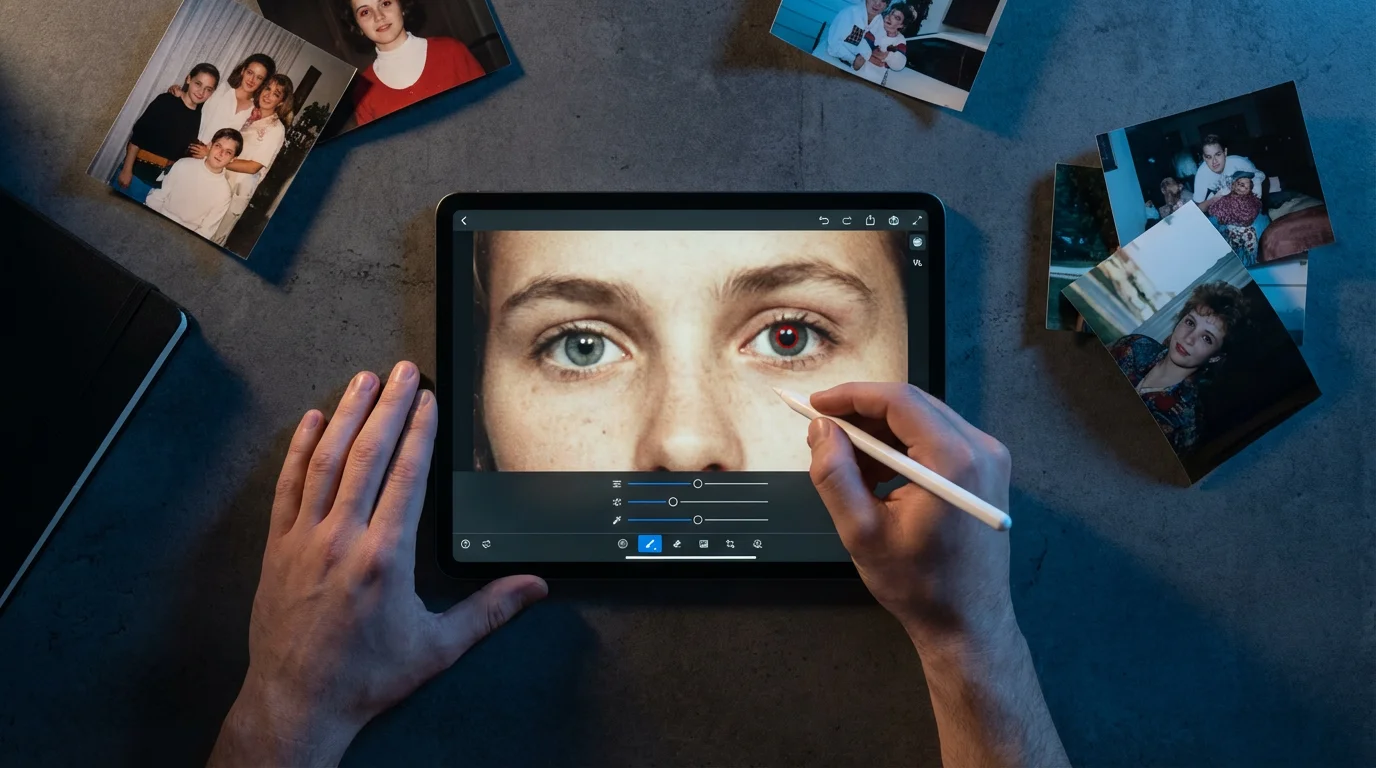 Hands using a tablet and stylus to edit red eye from an old photo.