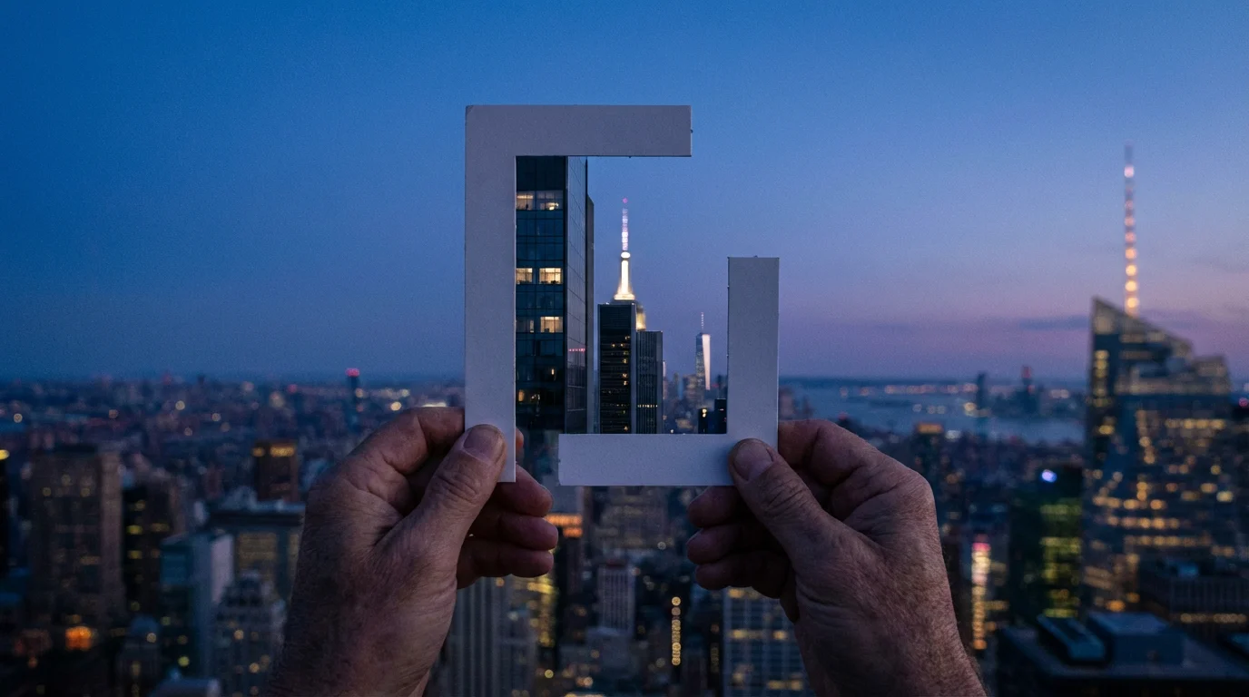 Hands using cropping L's to frame a creative composition of a city at dusk.