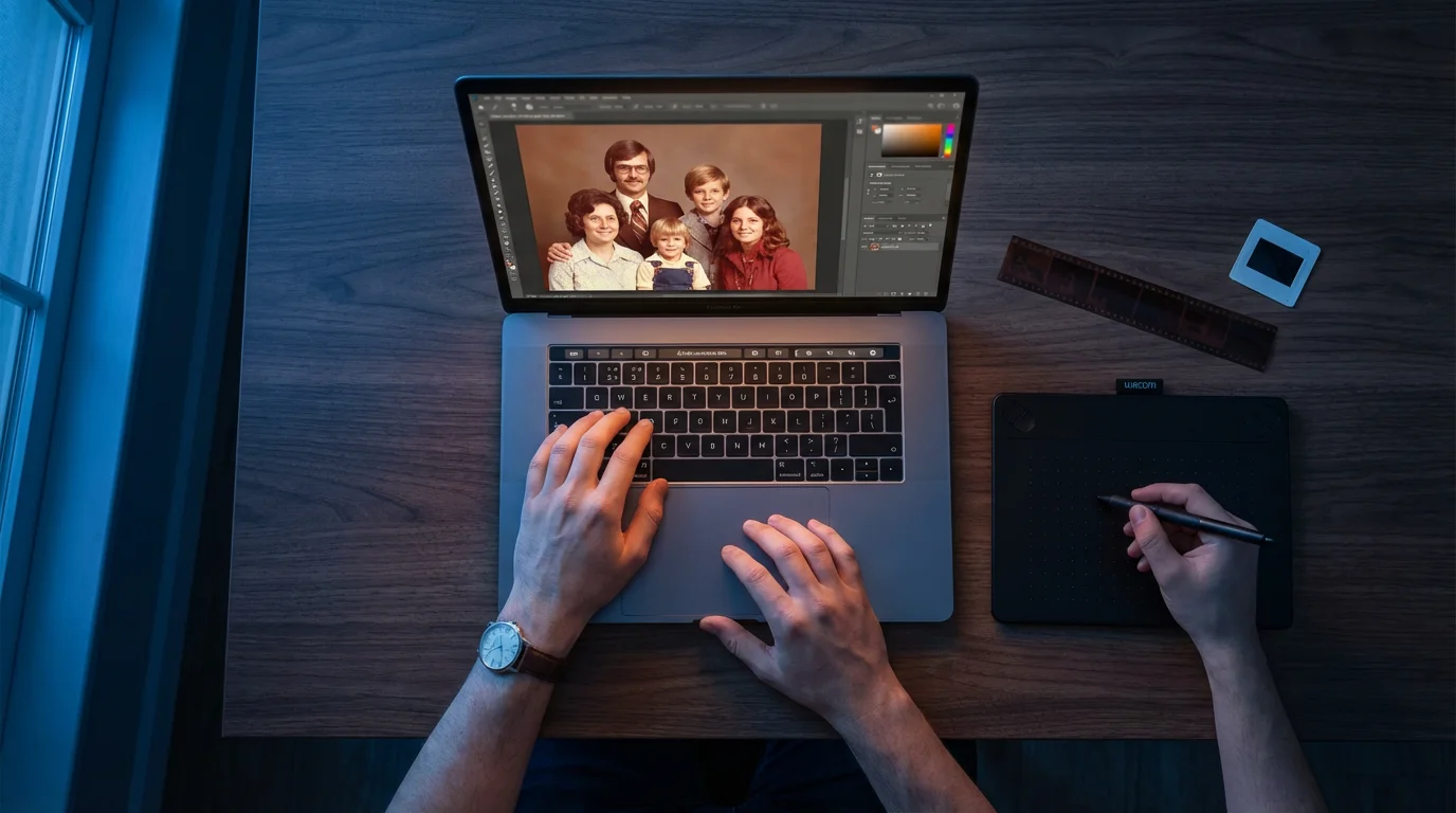 High-angle flat lay of a desk with a laptop showing a post-processed vintage photo scan.