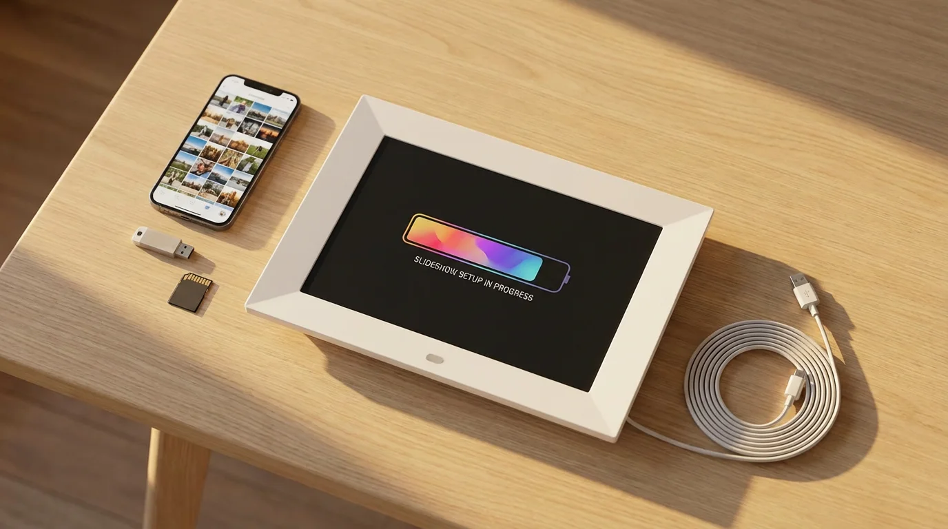 High angle flat lay of a digital photo frame setup with smartphone and memory cards.