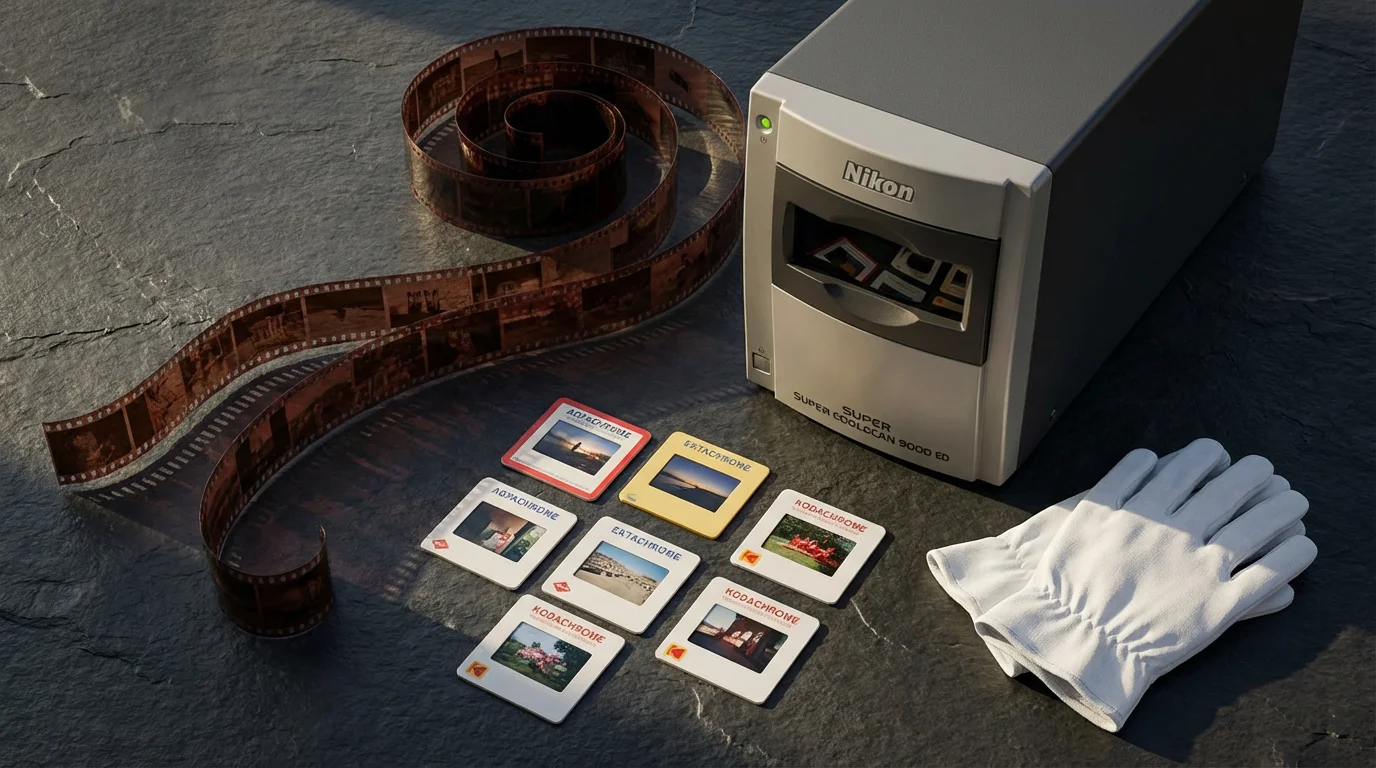 High angle flat lay of a film scanner, 35mm negatives, and slides on a desk.