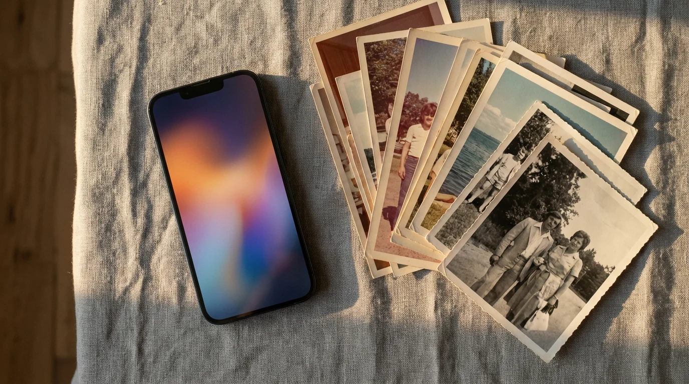 High-angle flat lay of a smartphone and vintage photographs on a linen surface.