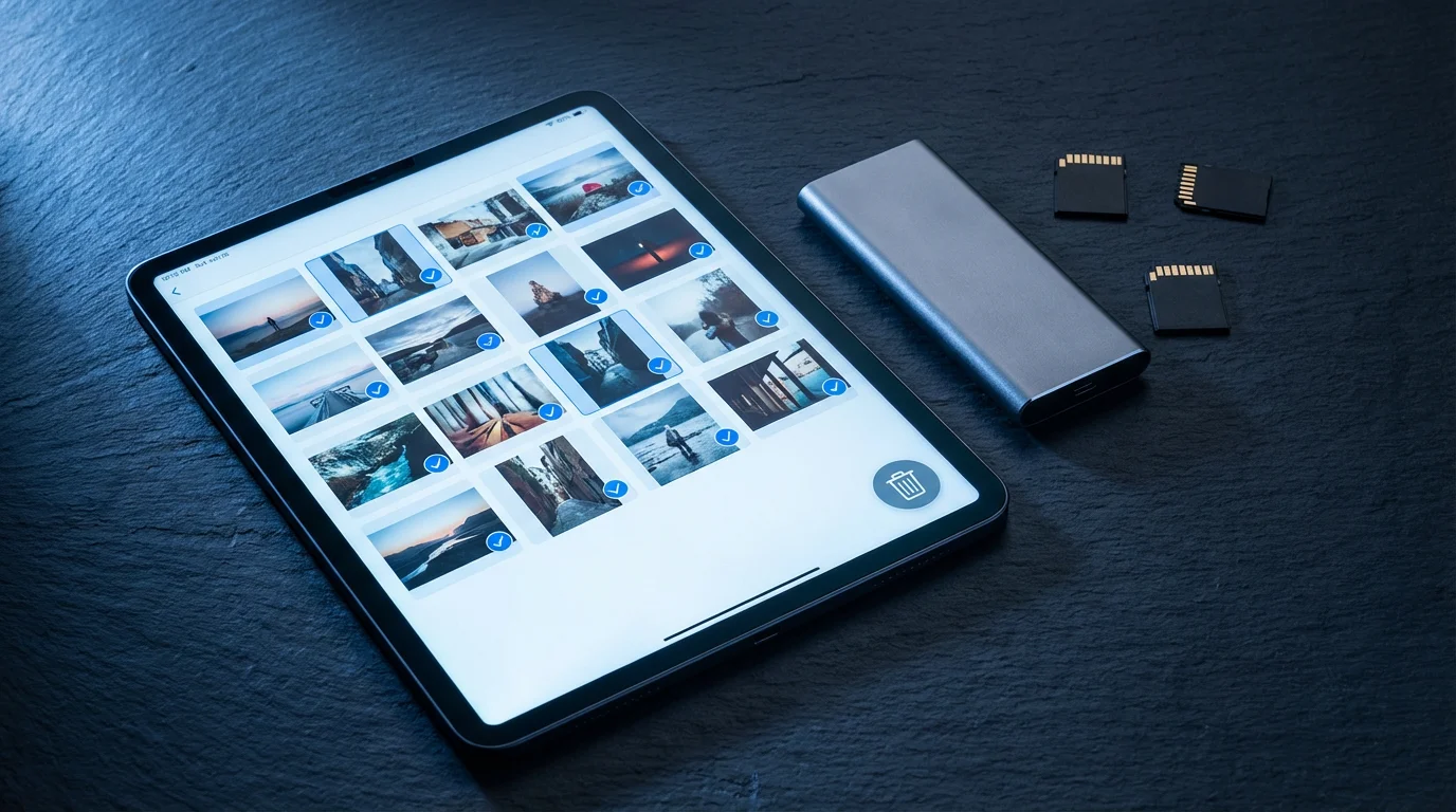 High angle flat lay of a tablet showing photo deletion next to an external drive.