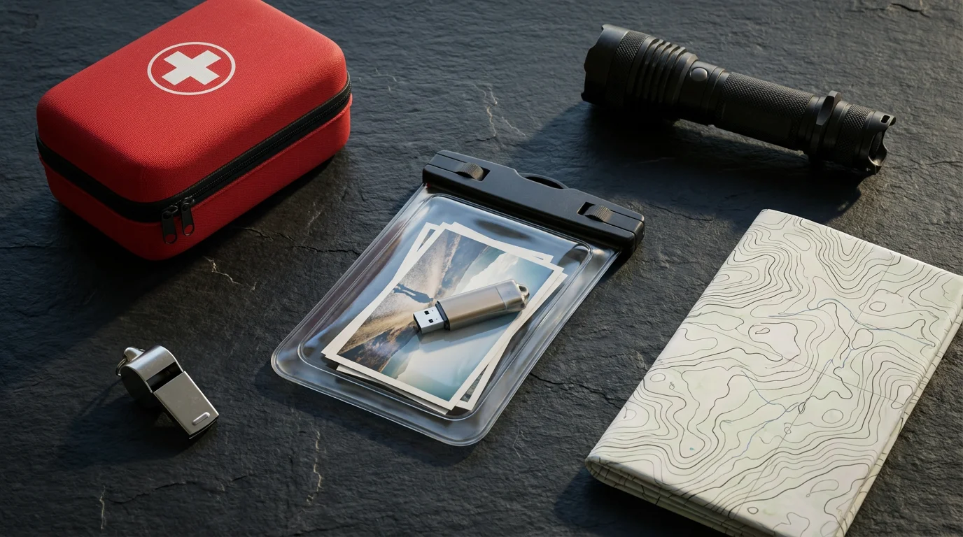 High angle flat lay of an emergency preparedness kit with photos in a waterproof bag.