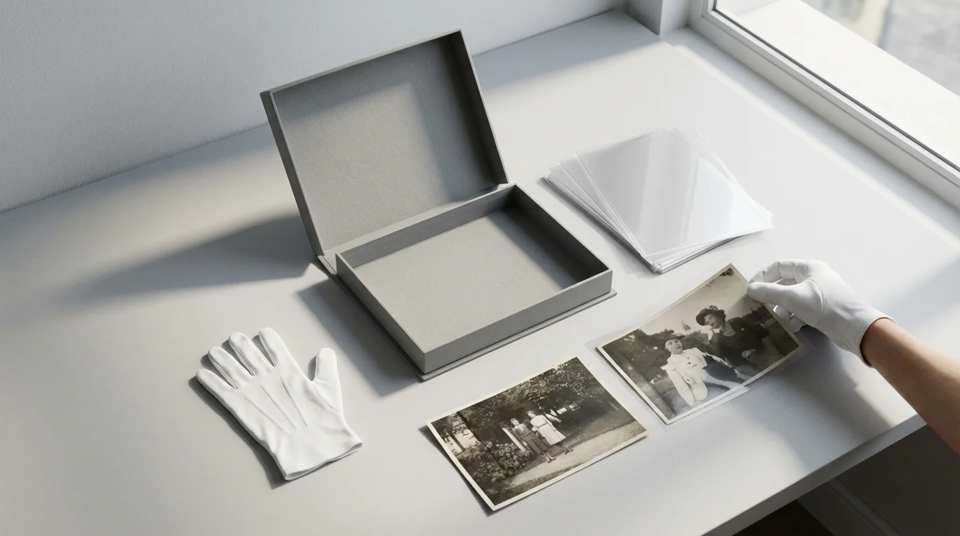 High-angle flat lay of archival photo sleeves, cotton gloves, and a storage box.