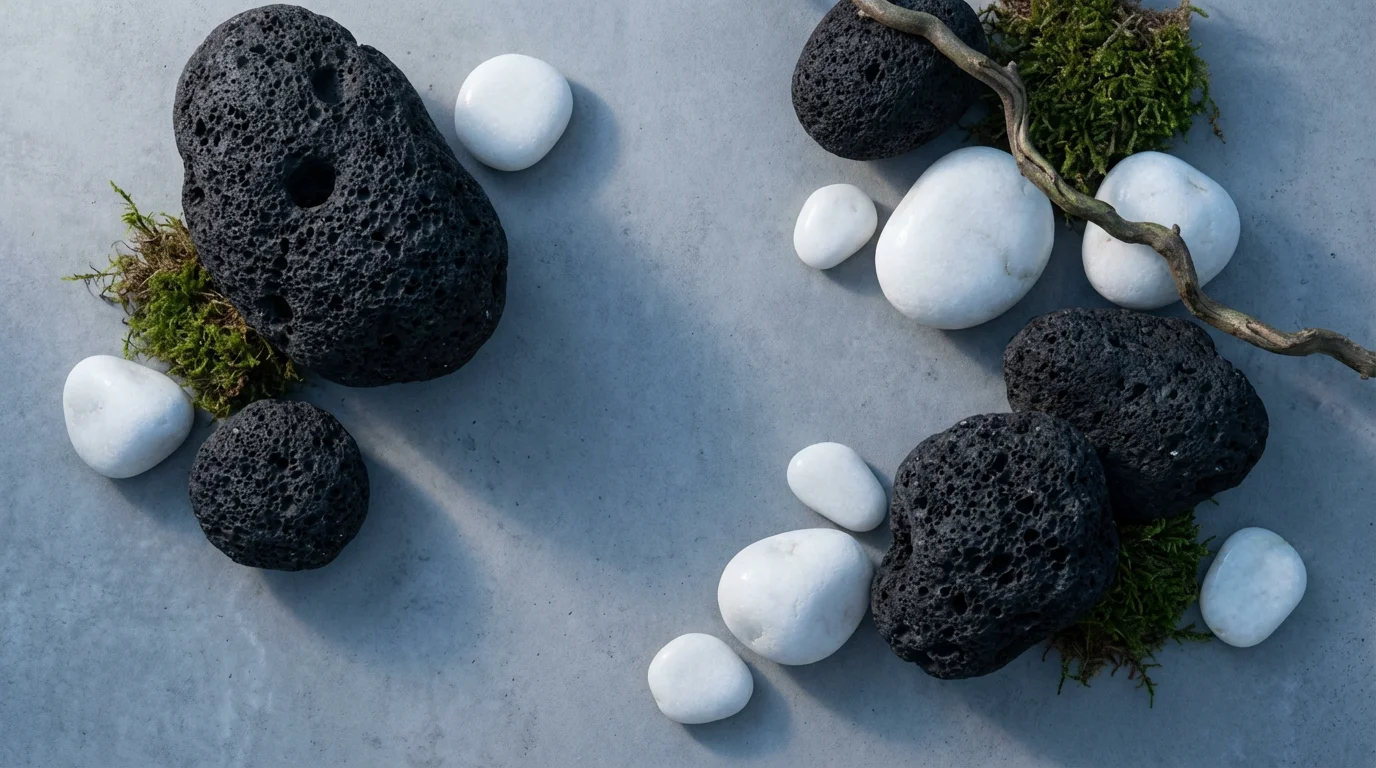 High angle flat lay of contrasting black volcanic rocks and white river stones.