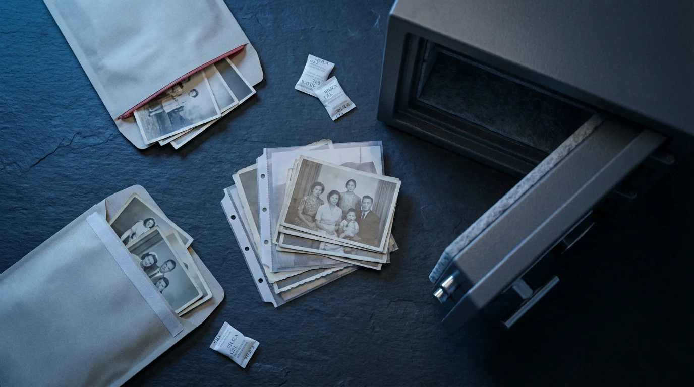 High-angle flat lay of photographs, a fireproof bag, and moisture absorbers for a safe.