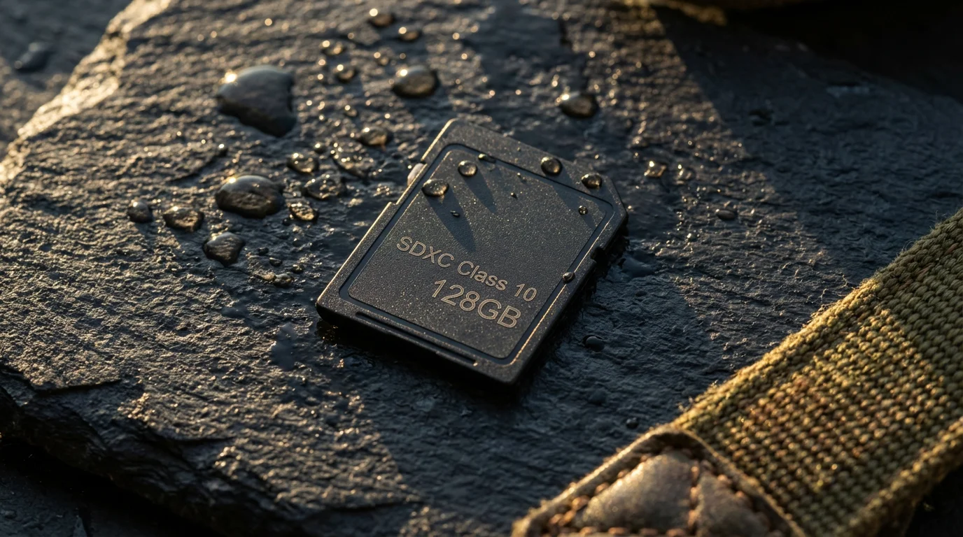 High angle shot of a durable, waterproof SD memory card on a dark surface.