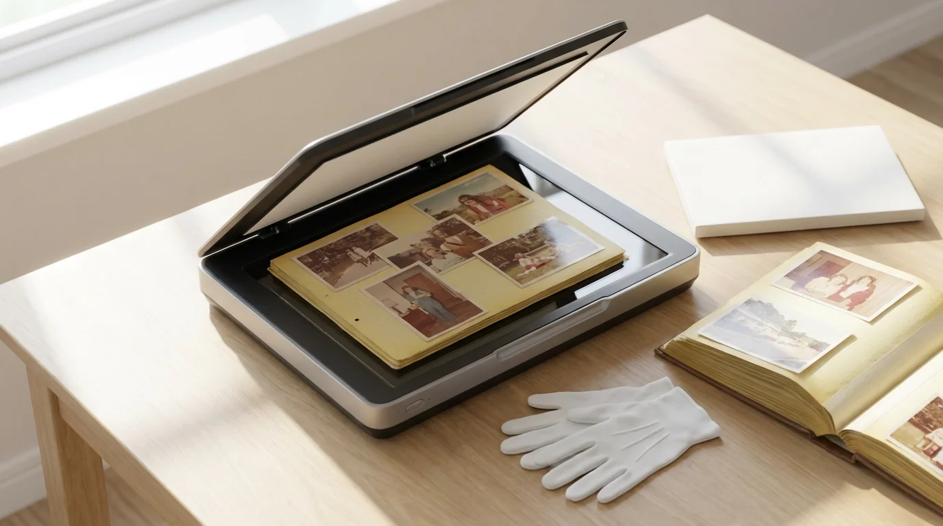 High angle view of a flatbed scanner digitizing a page from a vintage photo album.