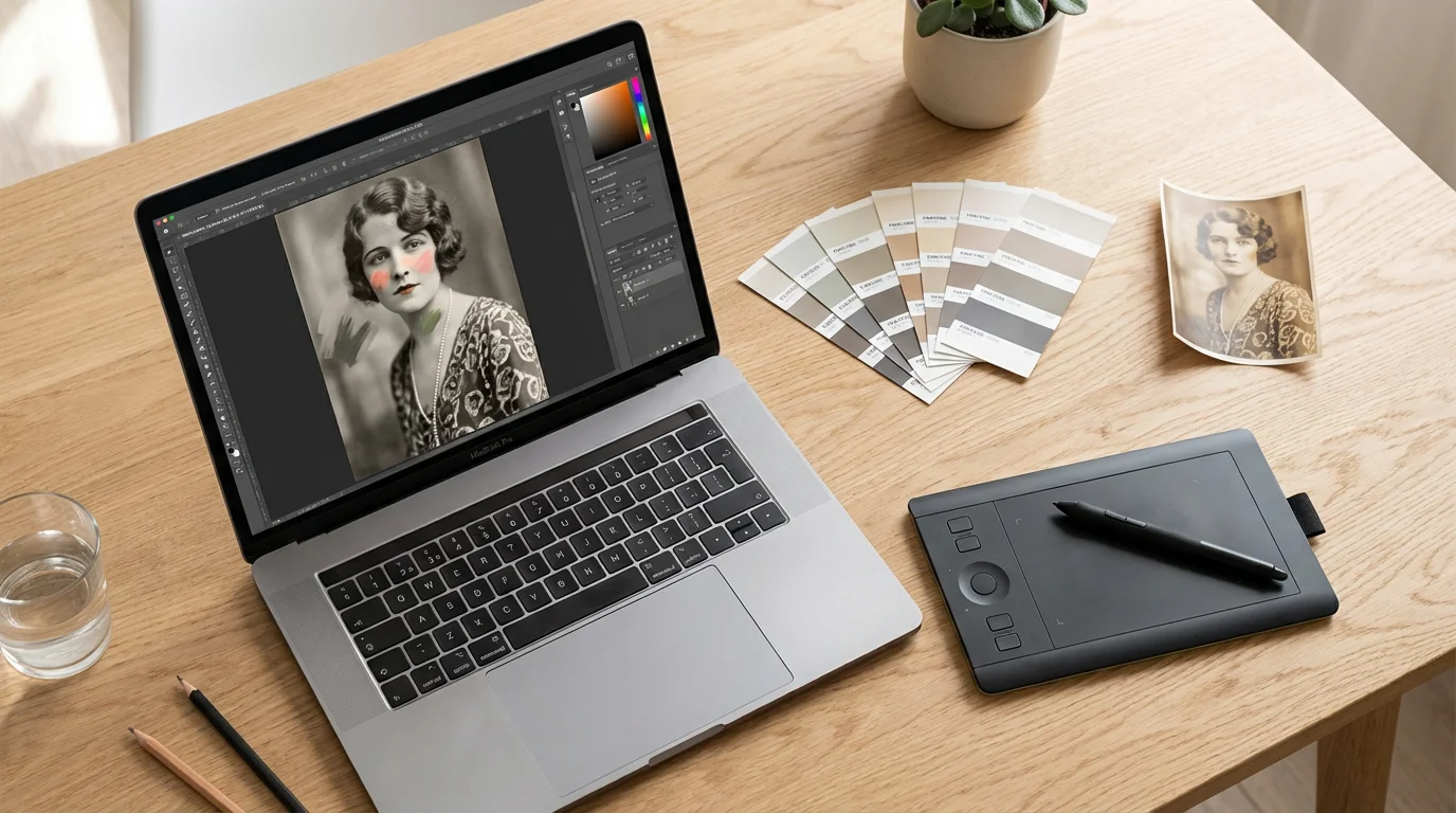 High-angle view of a laptop and tools for manually colorizing a vintage photograph.