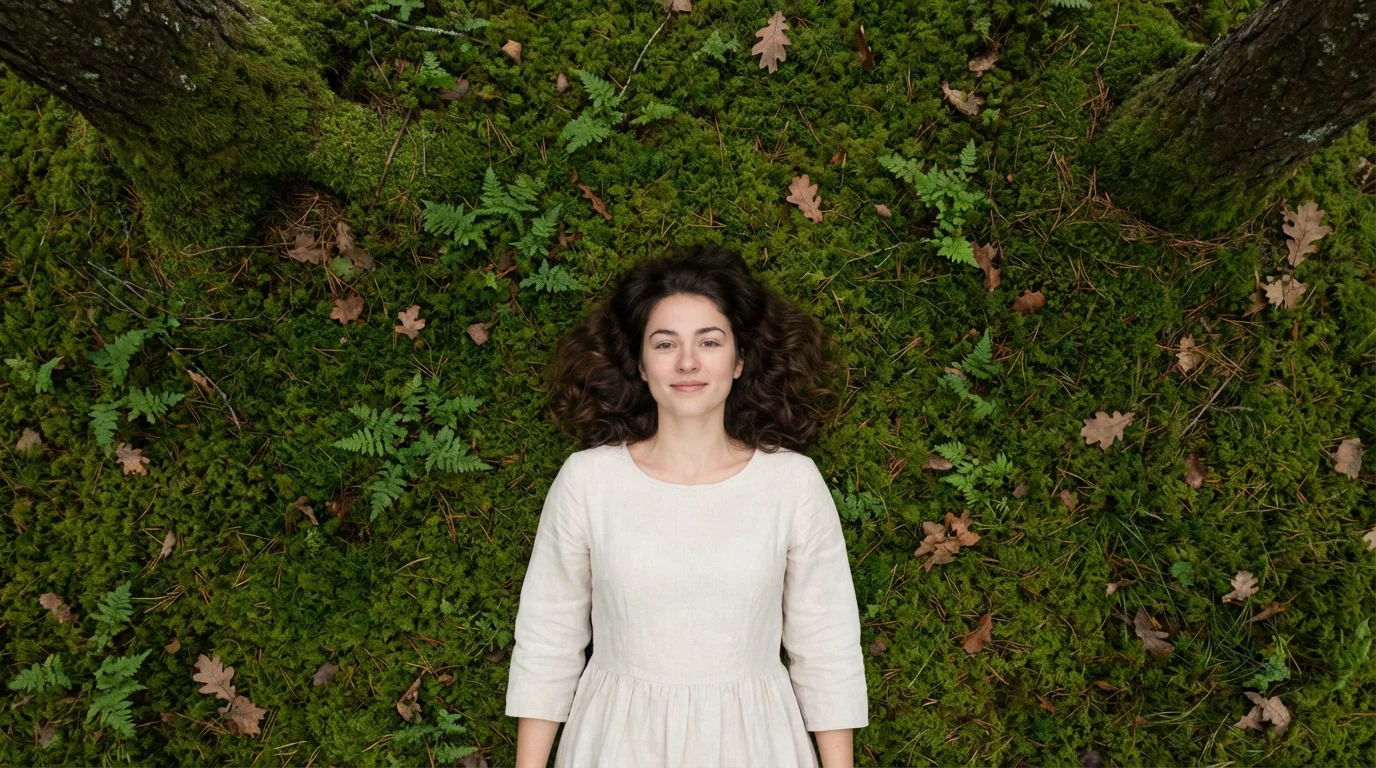 High angle view of a woman lying on a mossy forest floor in soft light.