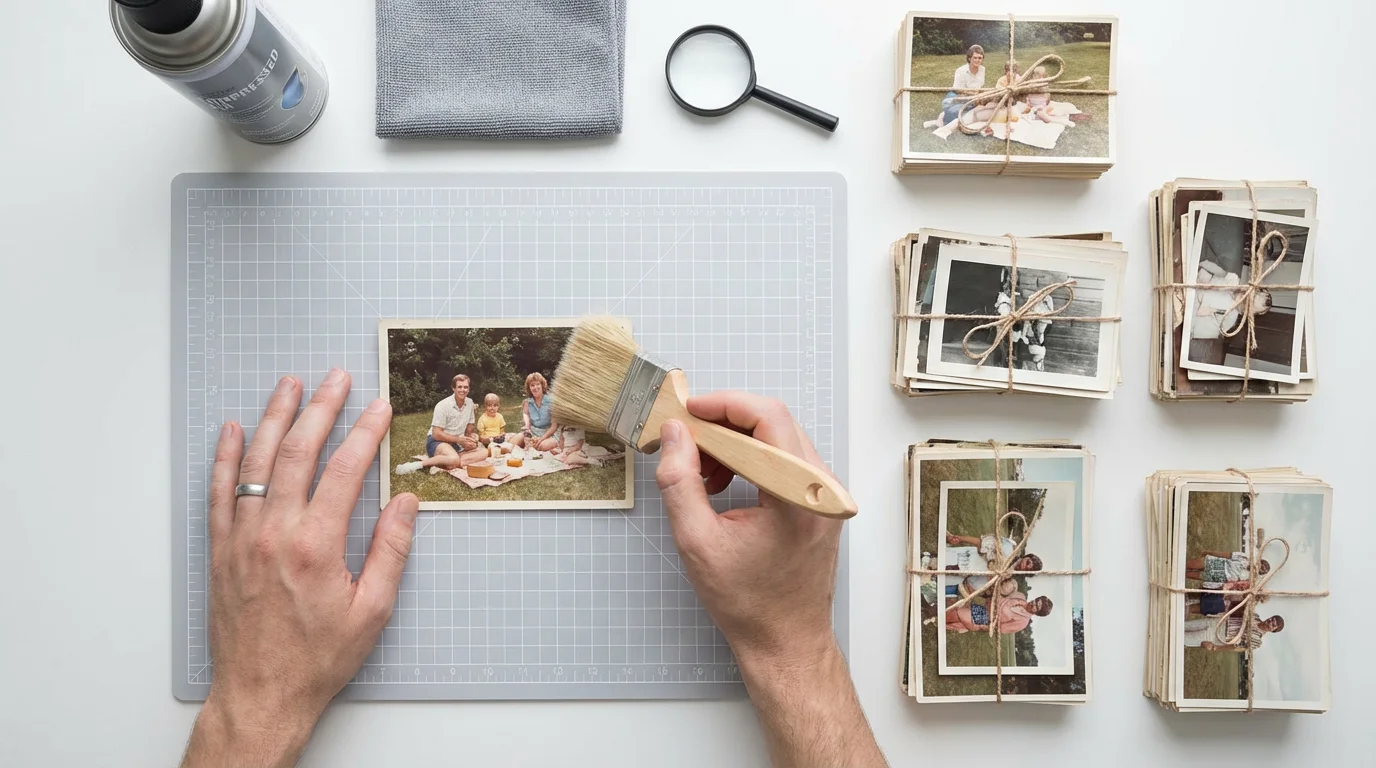 High angle view of hands cleaning and organizing vintage photographs into batches for scanning.