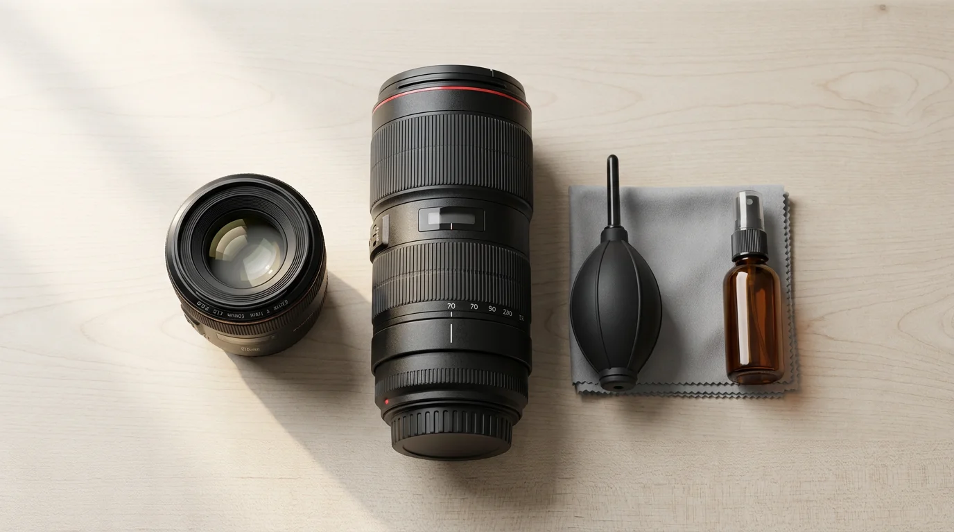 High angle view of professional camera lenses and a cleaning kit on a wooden table.