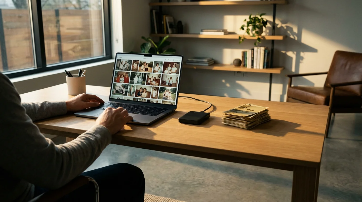 Laptop on a modern desk showing digitized family photos next to the original prints.