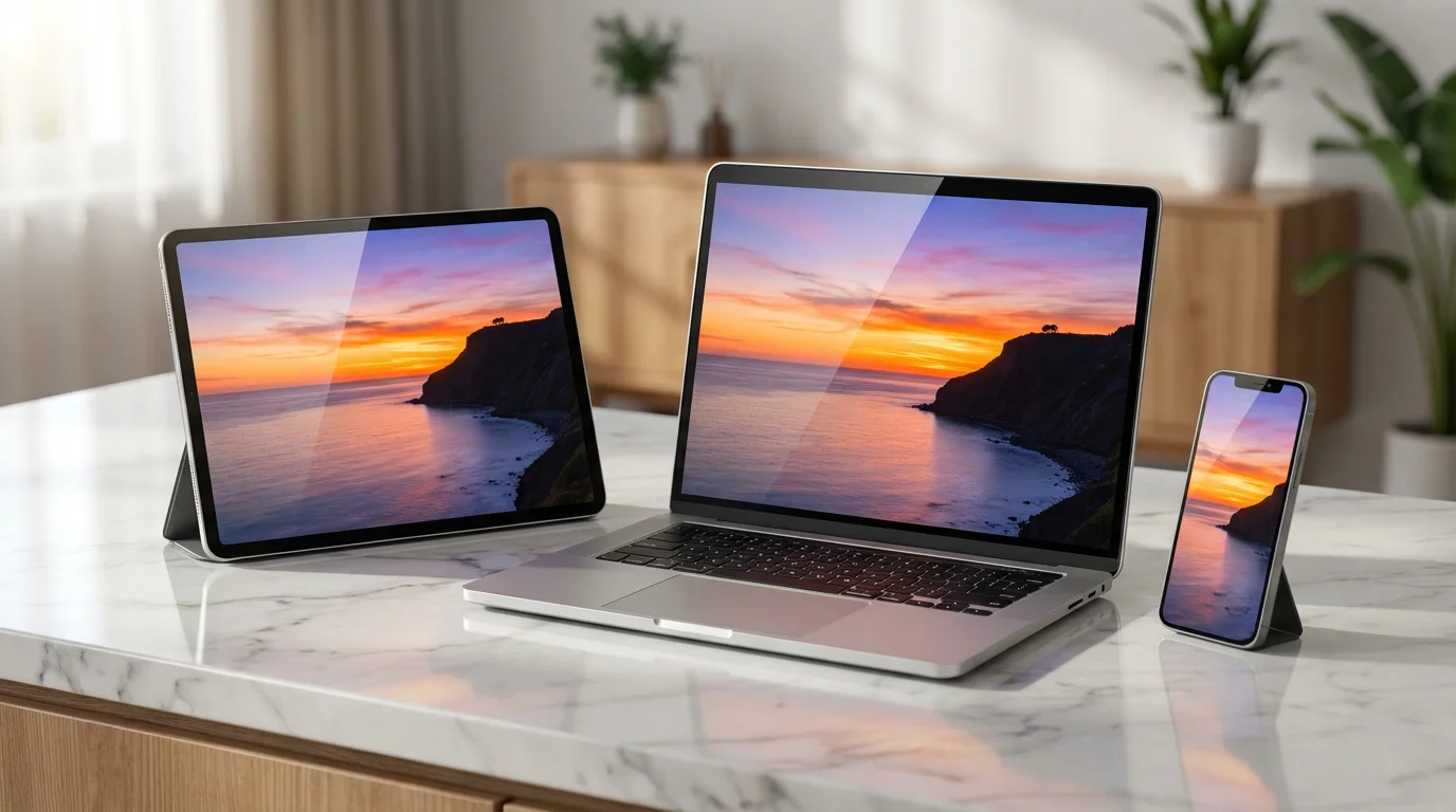 Laptop, tablet, and smartphone on a counter showing the same synchronized photo library.