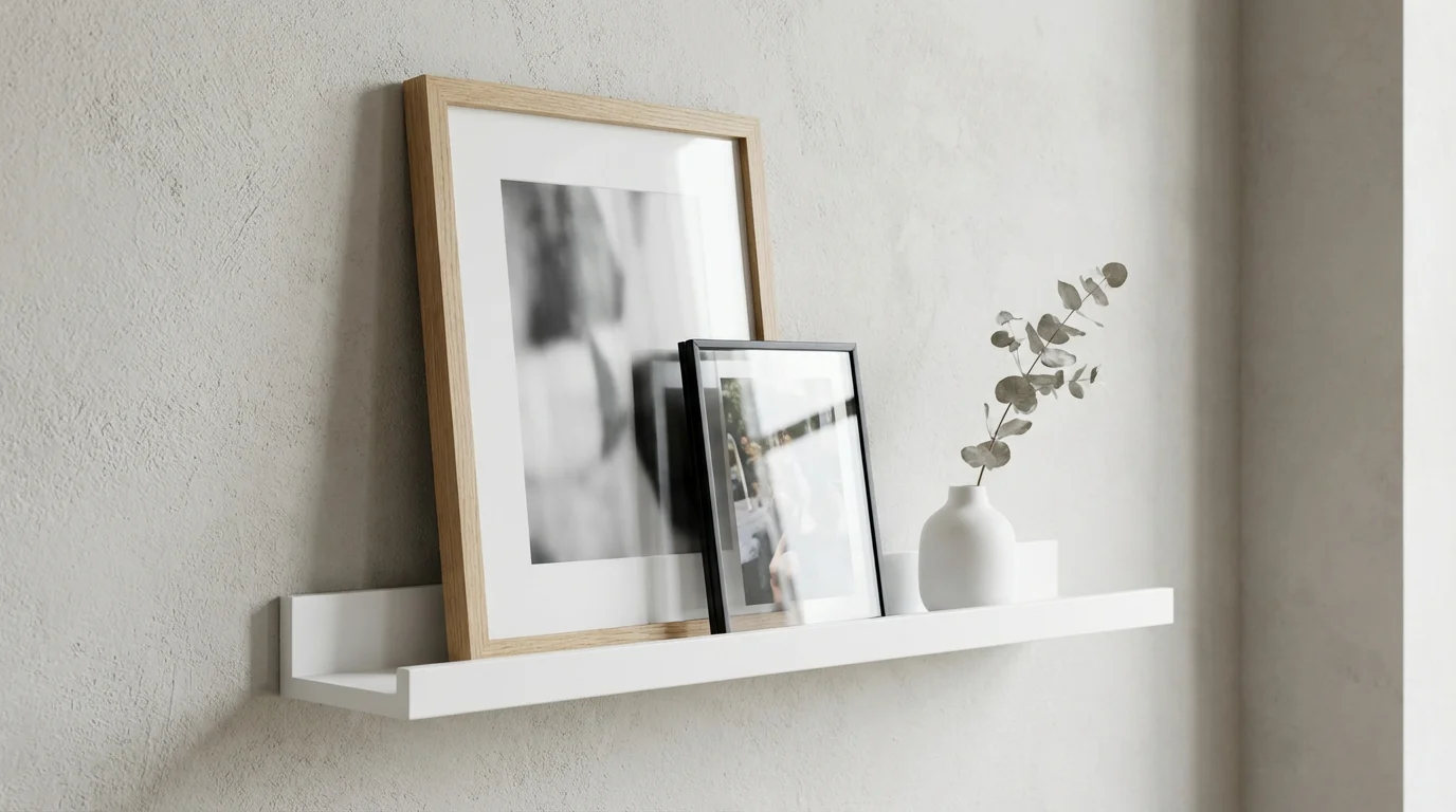 Layered photo frames and a small vase with eucalyptus on a modern white picture ledge.