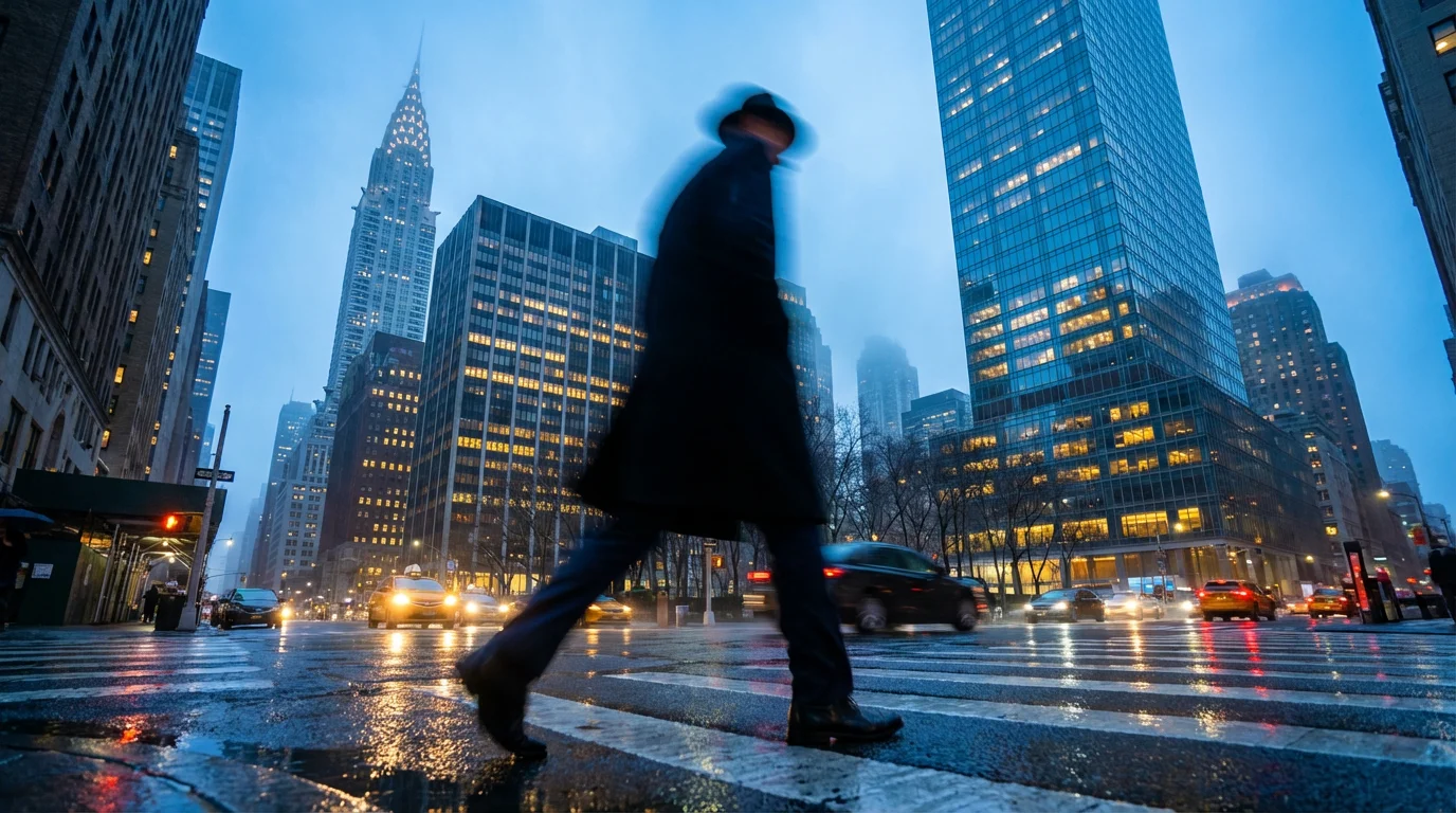 Low angle city street at blue hour with a motion-blurred person walking past.