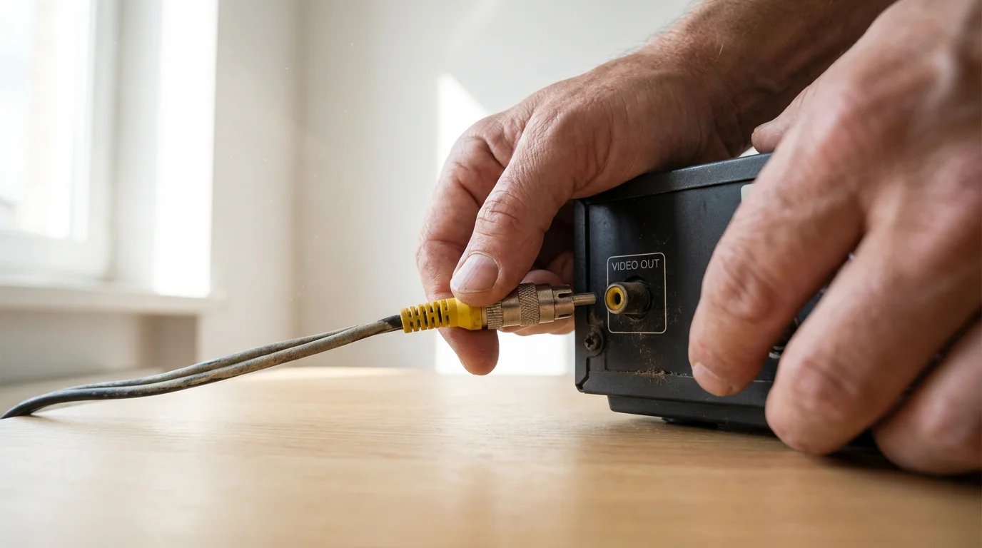 Low angle close-up of hands connecting a yellow video cable to a VCR port.
