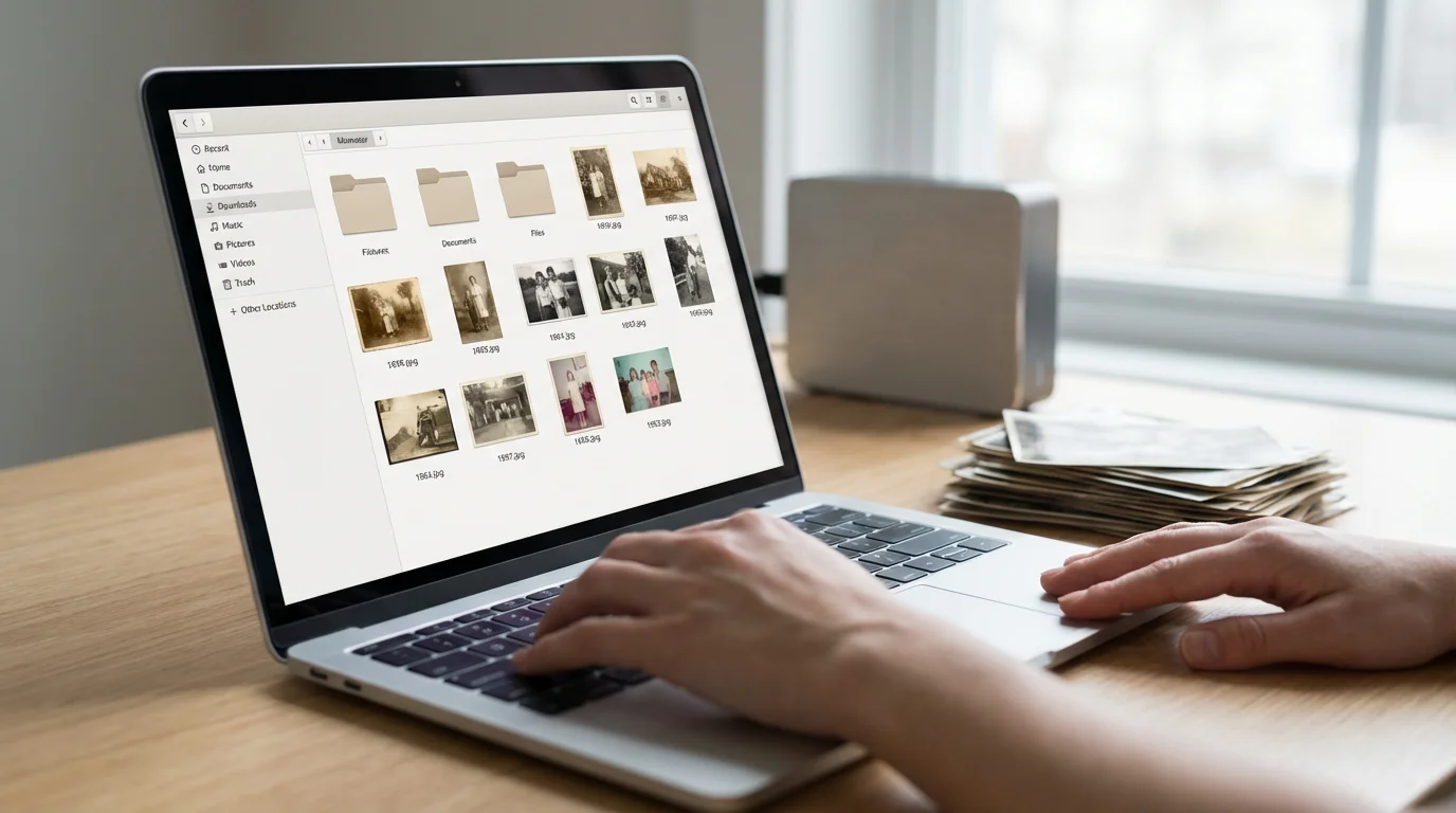 Low angle of hands organizing digitized vintage photos on a laptop on a desk.