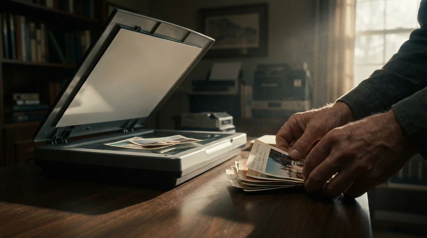Low angle of hands placing vintage photographs on a desk next to a flatbed scanner.