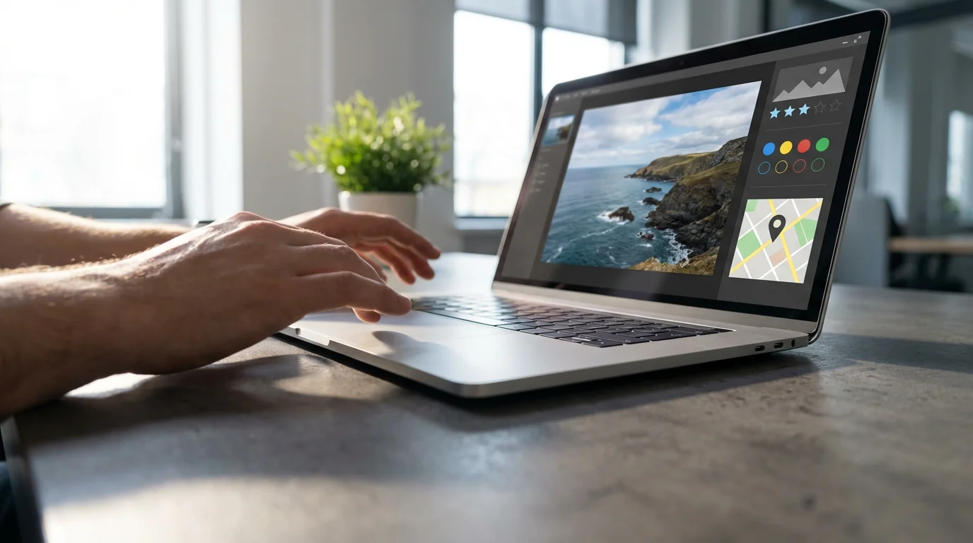 Low angle of hands using a laptop to add metadata tags to a photograph.