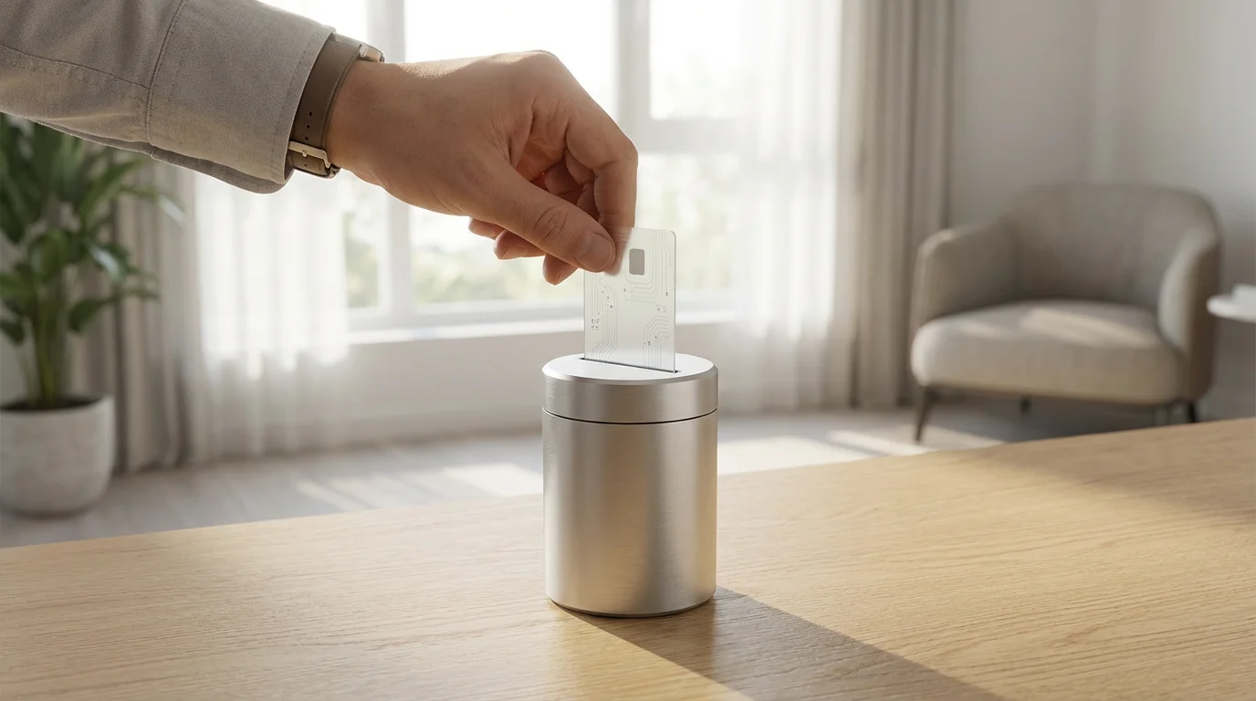 Low angle photo of a hand inserting a data card into a secure personal vault.