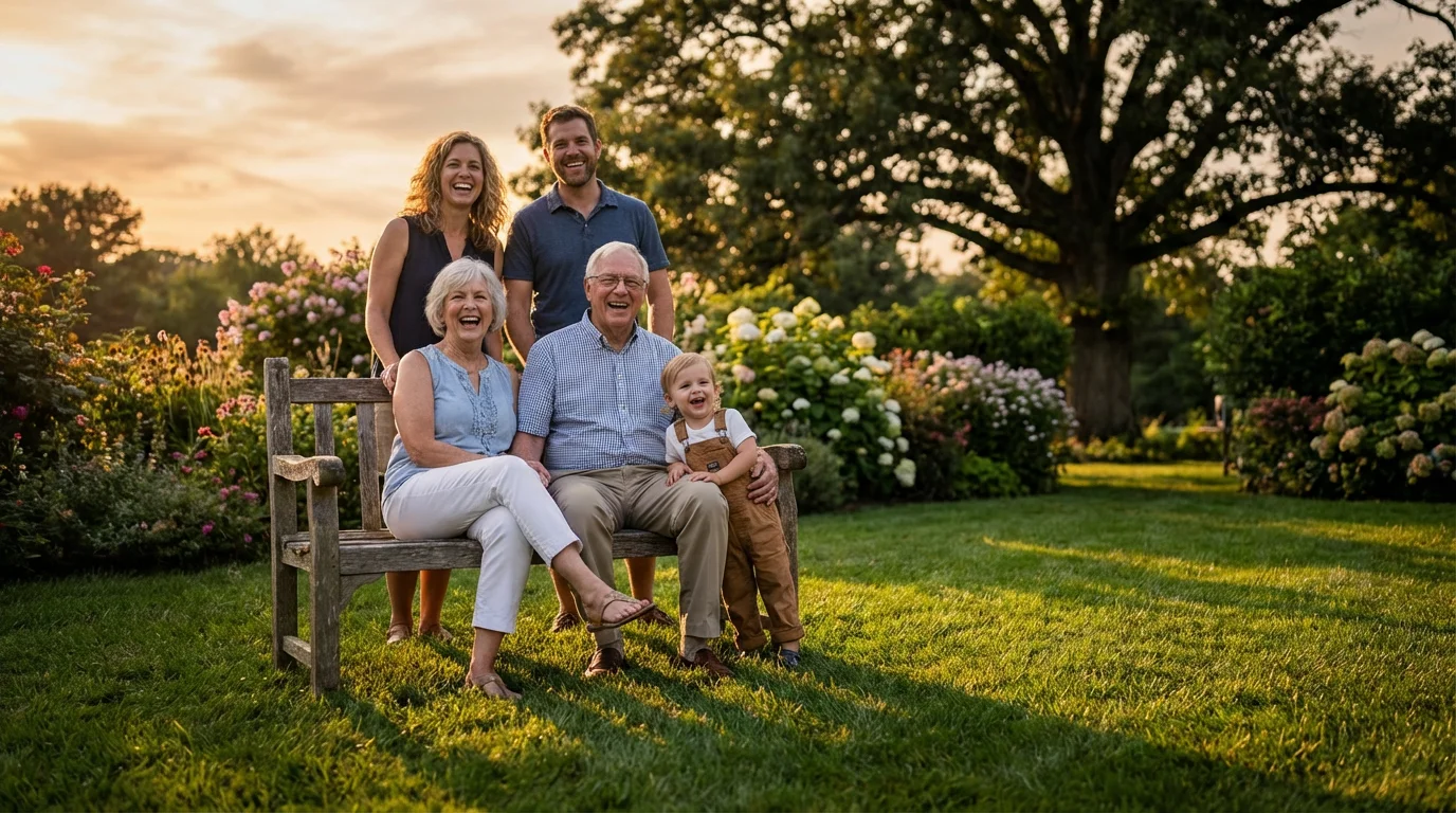 Low angle photo of a multi-generational family laughing together in a backyard during sunset.