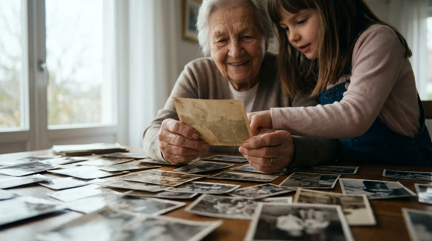 Low angle shot of a grandmother and grandchild looking at old family photos together.