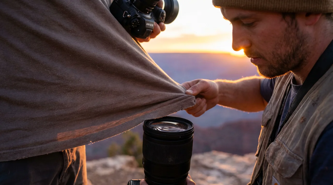 Low angle shot of a person about to clean a camera lens with their t-shirt.