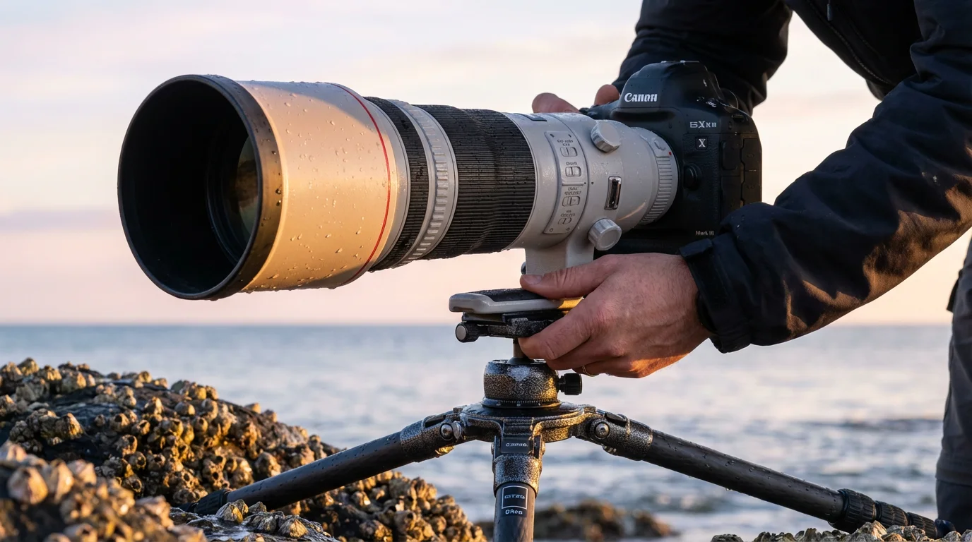 Low angle shot of a photographer setting up a professional camera on a tripod at sunrise.