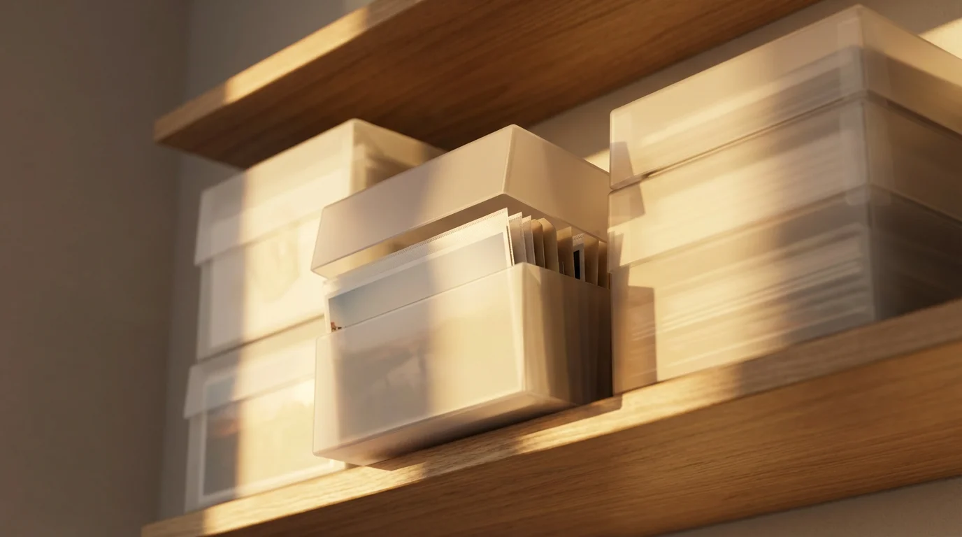 Low angle shot of archival polypropylene photo boxes stacked neatly on a wooden shelf.