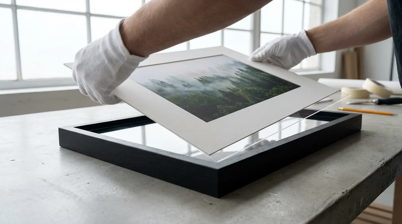 Low angle shot of archivist hands in white gloves framing a matted photo print.