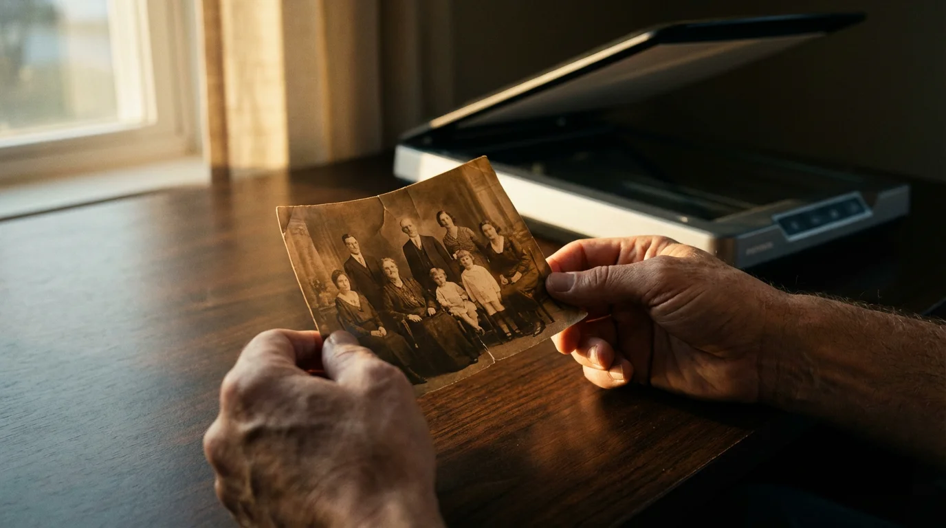 Low angle shot of hands holding an old sepia family photo above a desk.