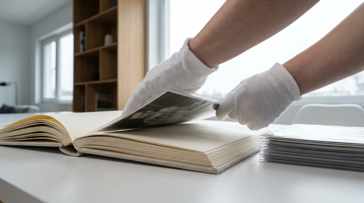 Low angle shot of hands in white gloves placing a protected photo into an archival album.