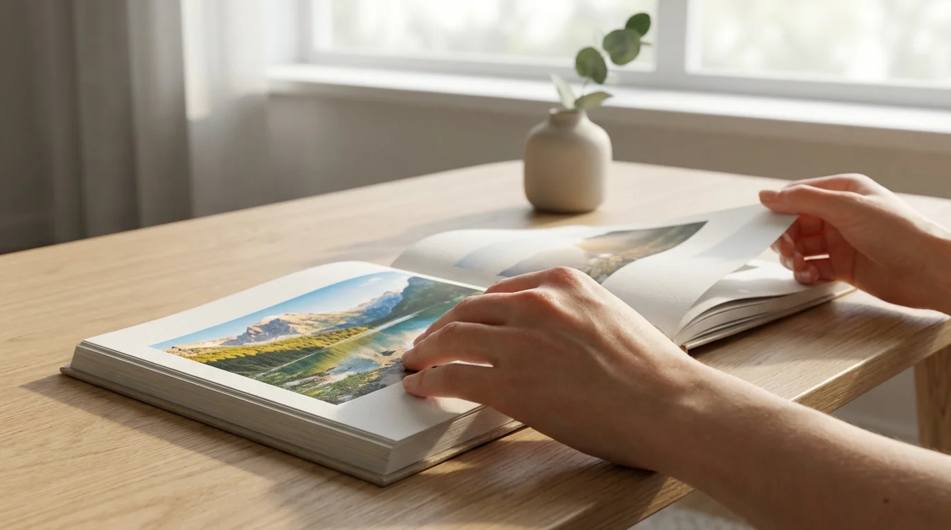 Low angle shot of hands turning a page in a photo book on a sunlit table.