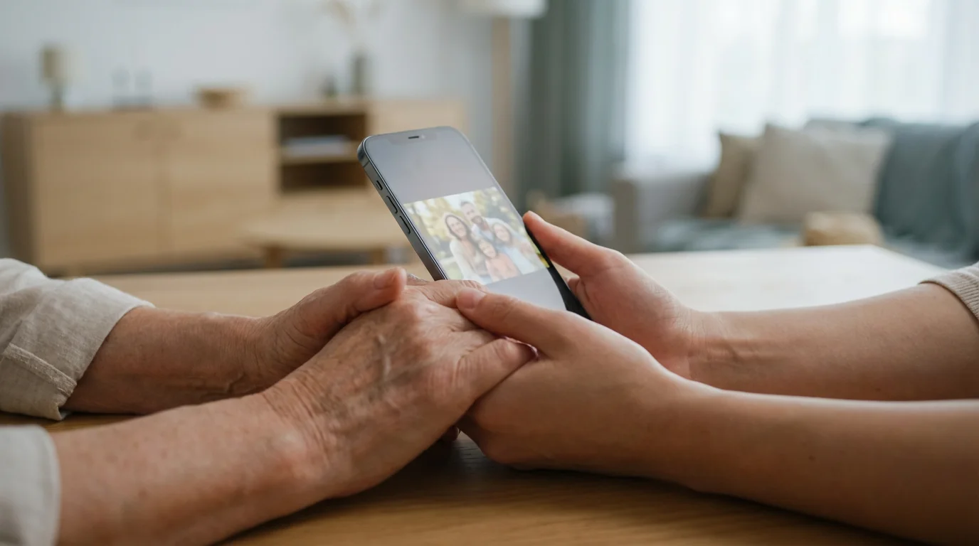 Low angle shot of younger and older hands holding a smartphone, sharing photos together.