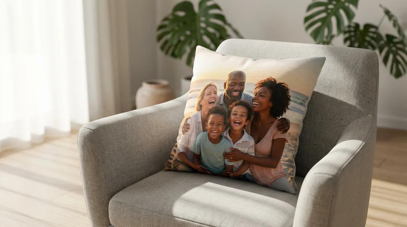 Low angle view of a decorative pillow printed with a family photo on an armchair.
