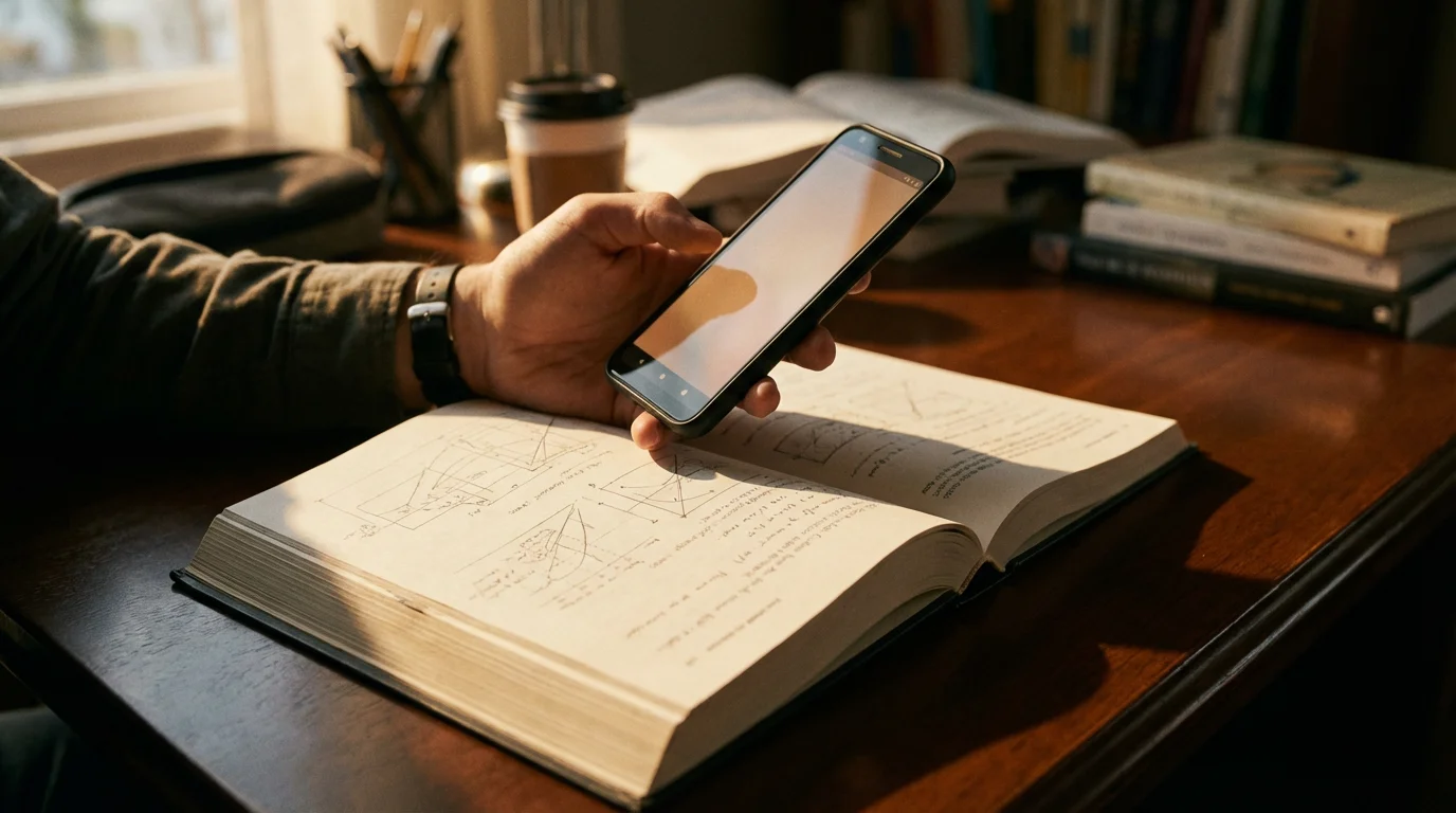 Low angle view of a hand holding an Android phone scanning a textbook page.