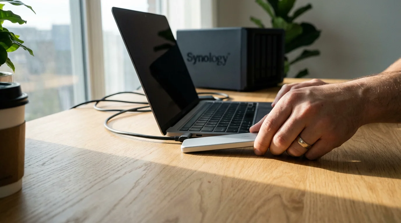 Low angle view of a hand plugging an external hard drive into a laptop on a desk.