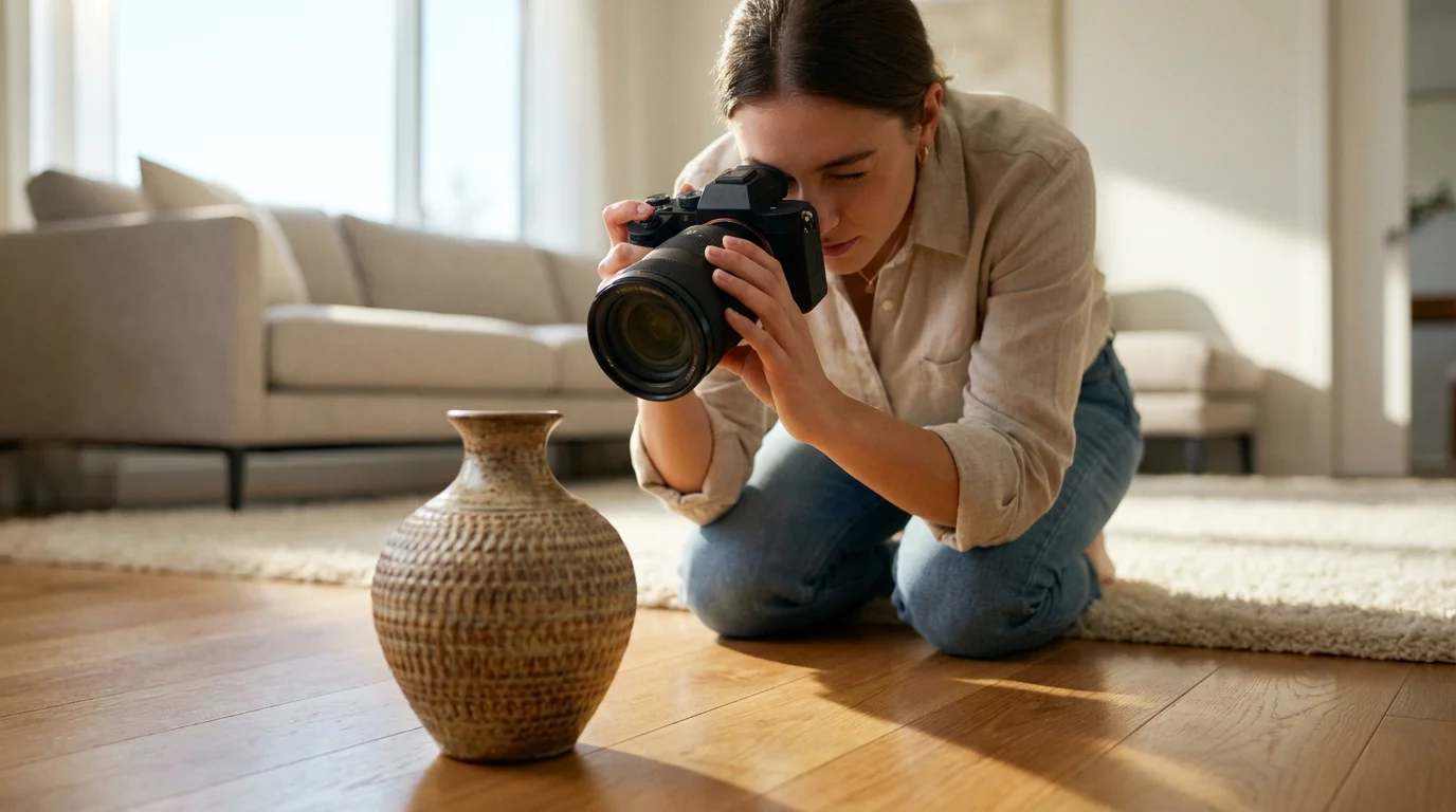 Low angle view of a woman indoors focusing her camera on a sharp ceramic vase.