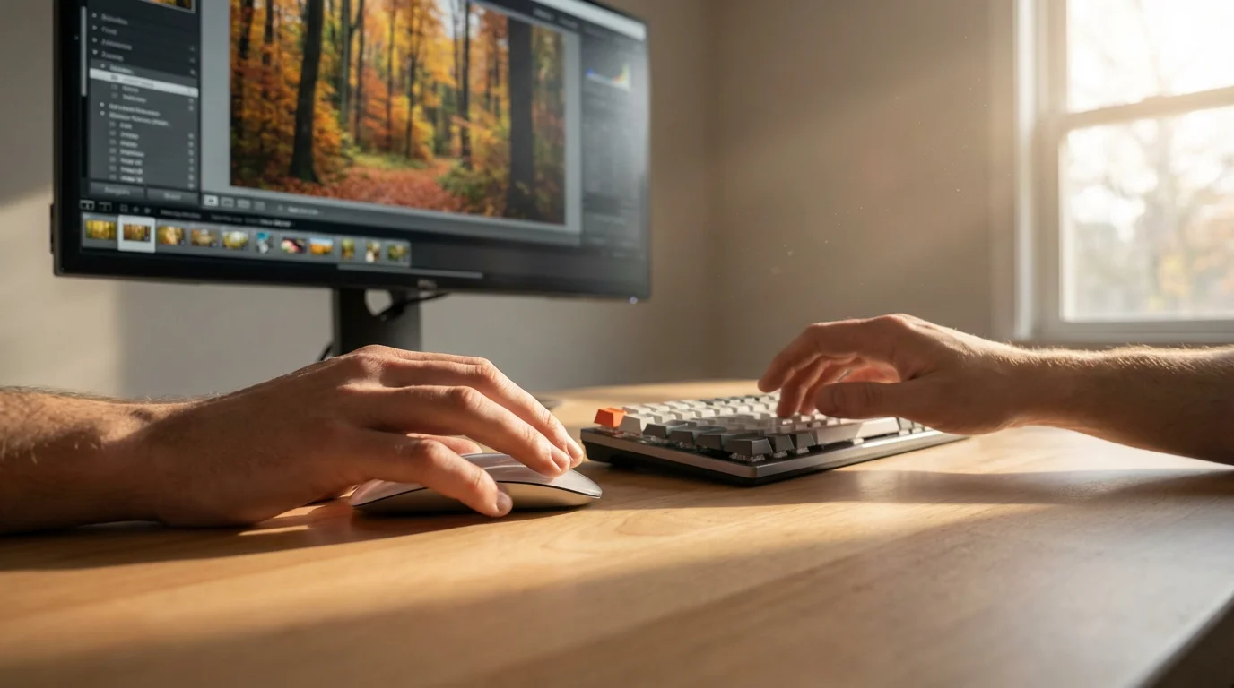 Low angle view of hands editing a vibrant nature photograph on a large monitor.