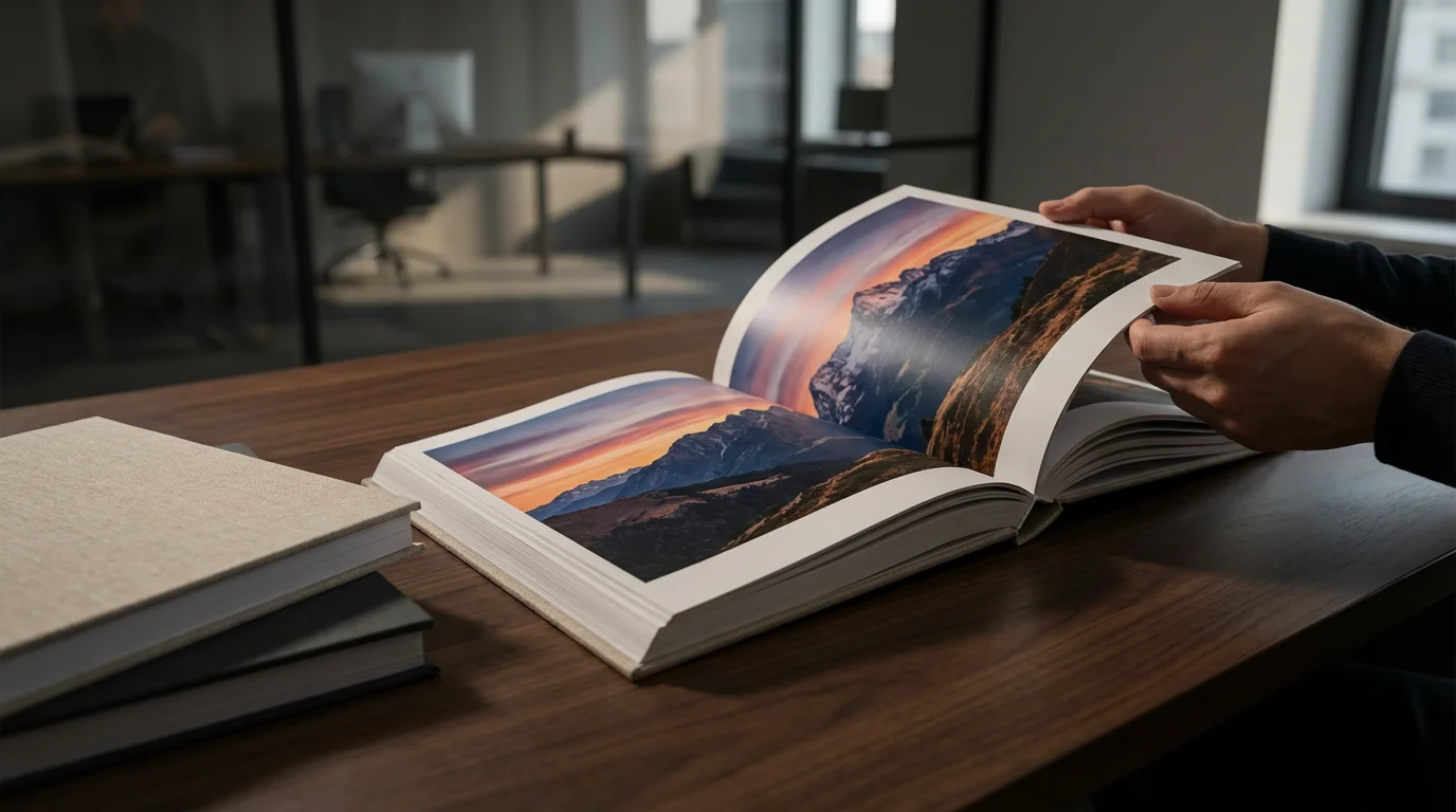 Low angle view of hands flipping through a high-quality photo book on a desk.