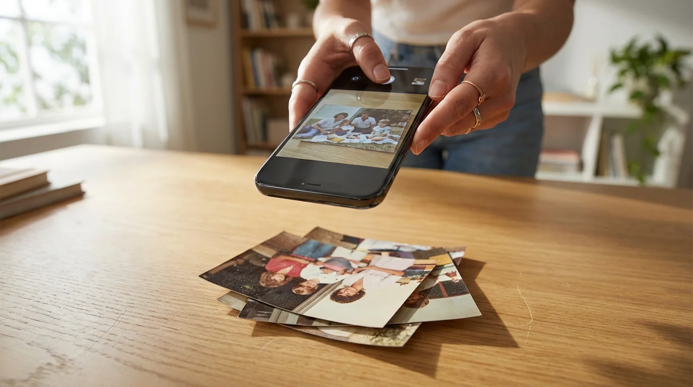 Low angle view of hands holding a smartphone to scan and digitize old photographs.
